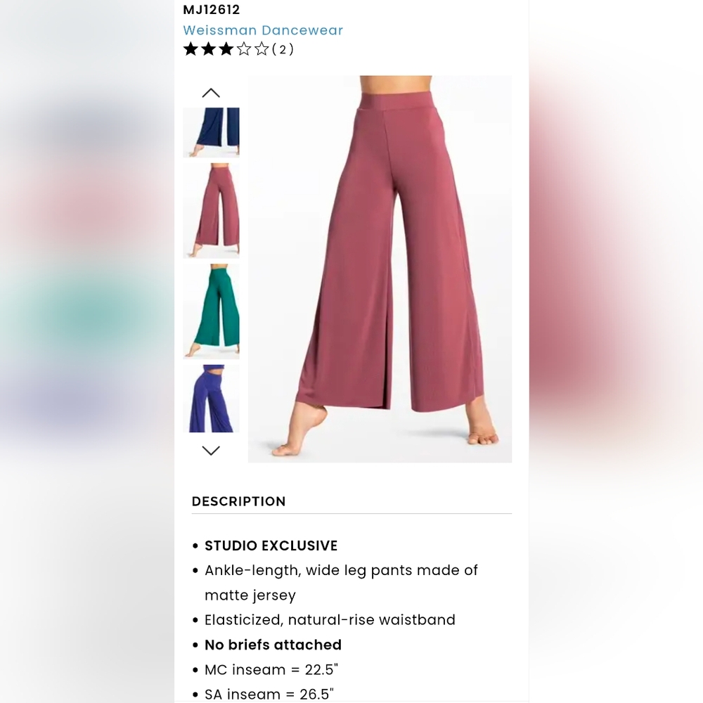 Weissman Rosewood Wide Leg Matte Jersey Dance Pants Adult Small